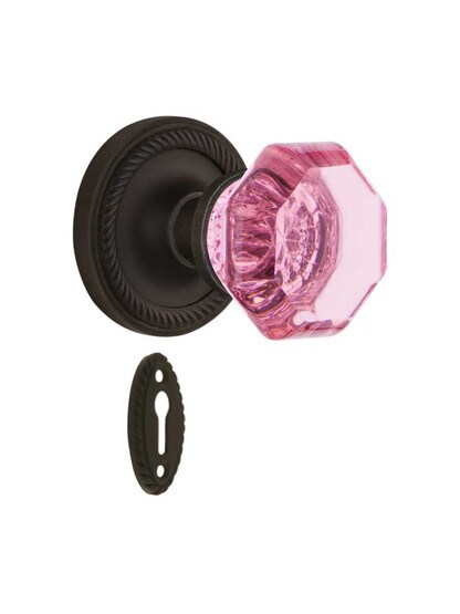 Rope Rosette Mortise Lock Set with Colored Waldorf Crystal Glass Knobs Pink in Oil-Rubbed Bronze.